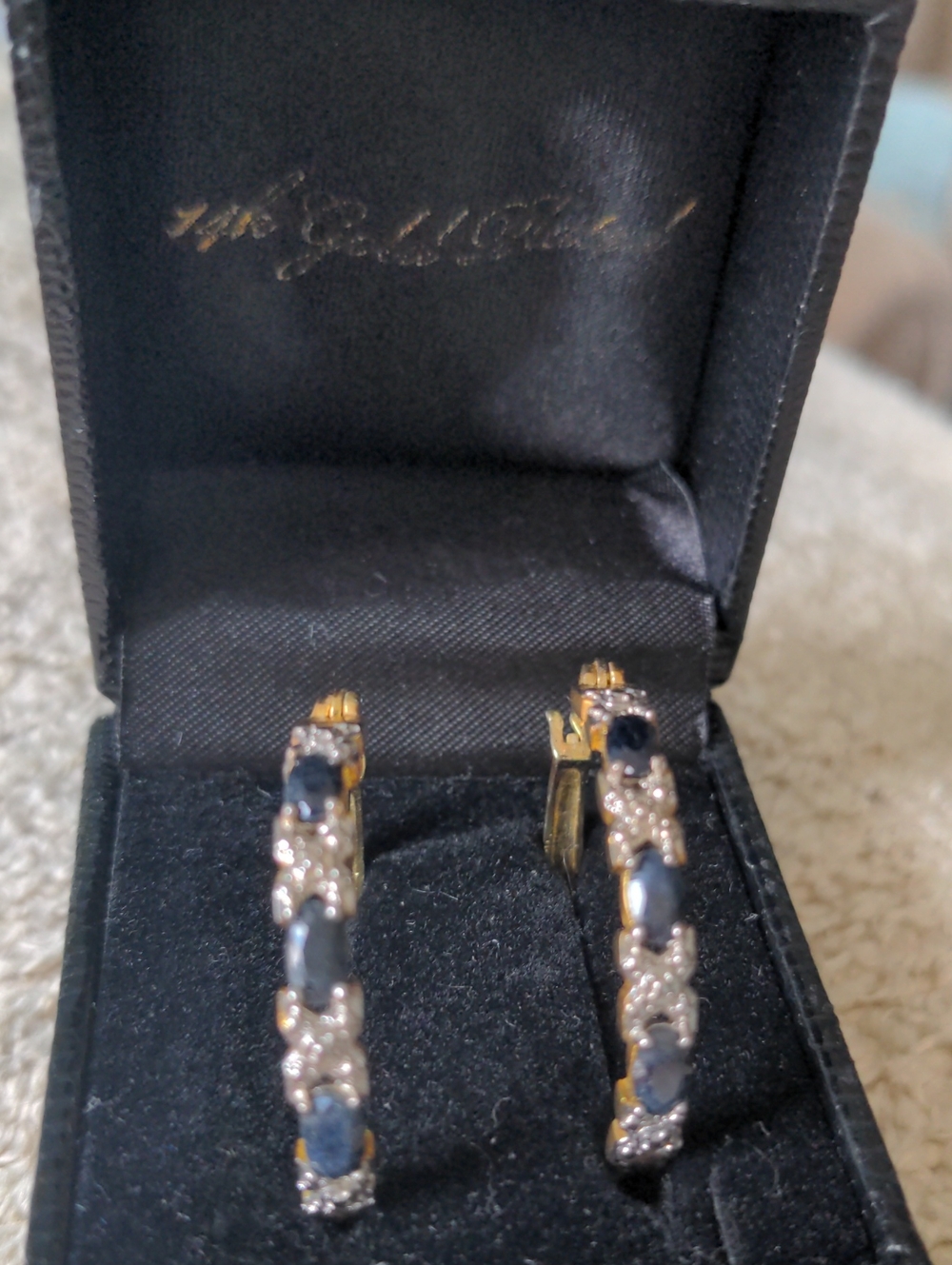 New Gold Coast  Gold Plated Dark Blue Sapphire & Clear Crystal Hoop Earrings